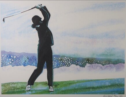 Rene Bron&eacute; - Playing Golf at Pebble Beach - 75,5 x 95,5 cm - Zeefdruk op papier - ingelijst