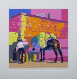 Marco Kooiman - Man and Mule at fountain - 80 x 78 cm - Zeefdruk op papier