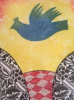 Eliza Kopec - Donderkop met vogel - 75 x 95 cm - Zeefdruk op papier