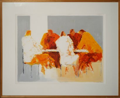 Wil Willemsen - Nog even napraten - 88 x 108 cm - zeefdruk op papier - in houten lijst