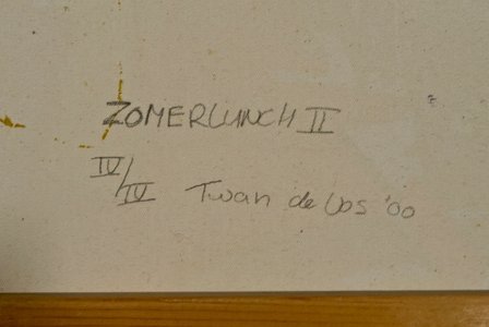 Twan de Vos - Zomerlunch II - 64 x 96,5 cm - Lino op papier - in houten lijst