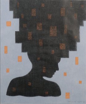 Jacomijn den Engelsen - Afro (Blauw) - 81 x 71 cm - Houtsnede op papier - ingelijst