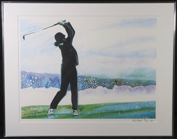 Rene Broné - Playing Golf at Pebble Beach - 75,5 x 95,5 cm - Zeefdruk op papier - ingelijst