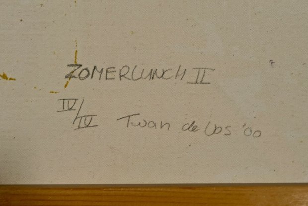 Twan de Vos - Zomerlunch II - 64 x 96,5 cm - Lino op papier - in houten lijst