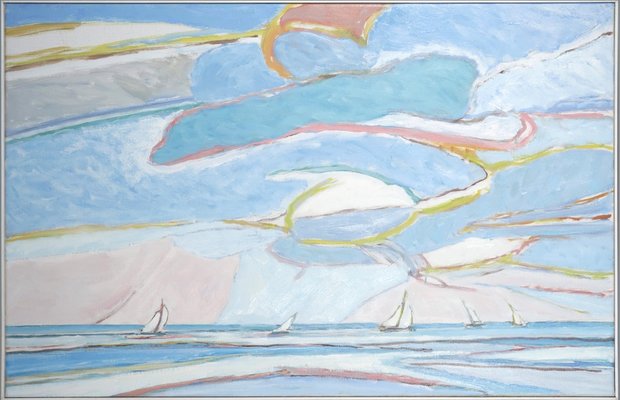 Paul Overhaus - Zeilboten - 66 x 101,5 cm - Olieverf op doek - in witte houten baklijst zonder glas