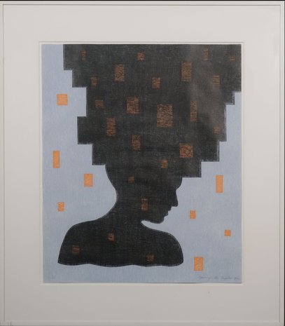 Jacomijn den Engelsen - Afro (Blauw) - 81 x 71 cm - Houtsnede op papier - ingelijst