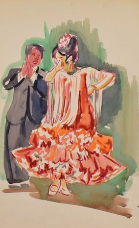 Freek van den Berg - Spaans danspaar - 56 x 38 cm - Aquarel