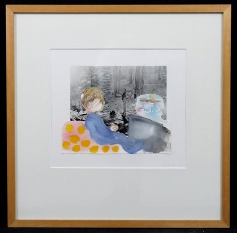Gerdien Kroes - Kind in woud - 53 x 53 cm - Aquarel en collage op papier - in houten lijst